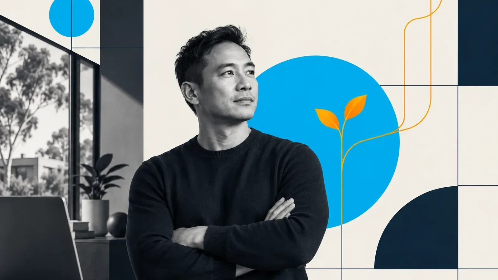 Poster-style portrait of a man beside an orange seedling in a cyan circle, symbolising organic search ranking growth.