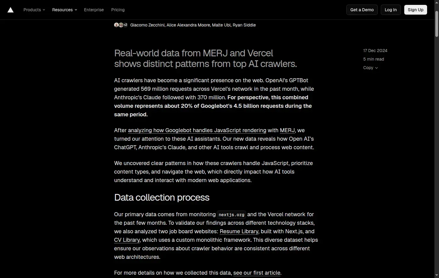 Screenshot of Vercel’s AI crawler article and its discussion of JavaScript rendering.