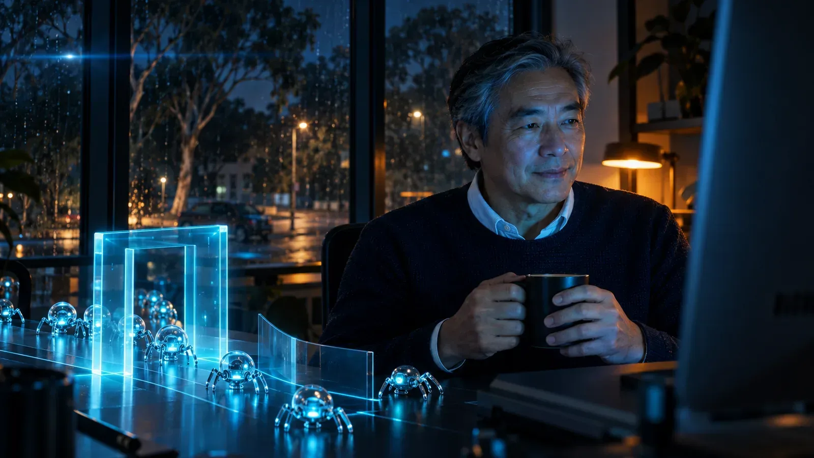 SEO technician beside a glowing gateway admitting some crawler bots and turning others away (robots.txt)
