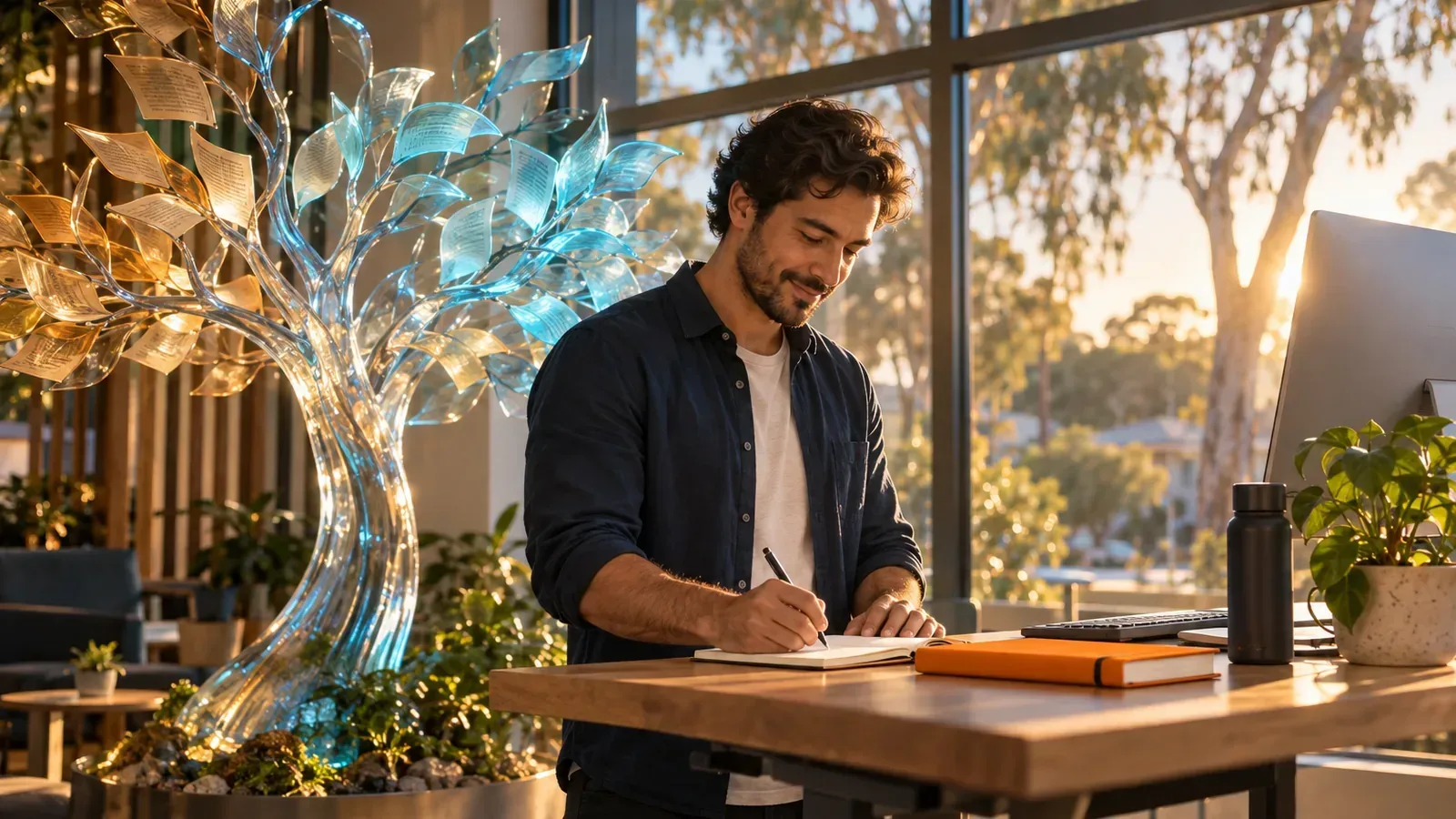 Man in a Perth co-working space refreshes a glass tree of pages as faded leaves turn green again.