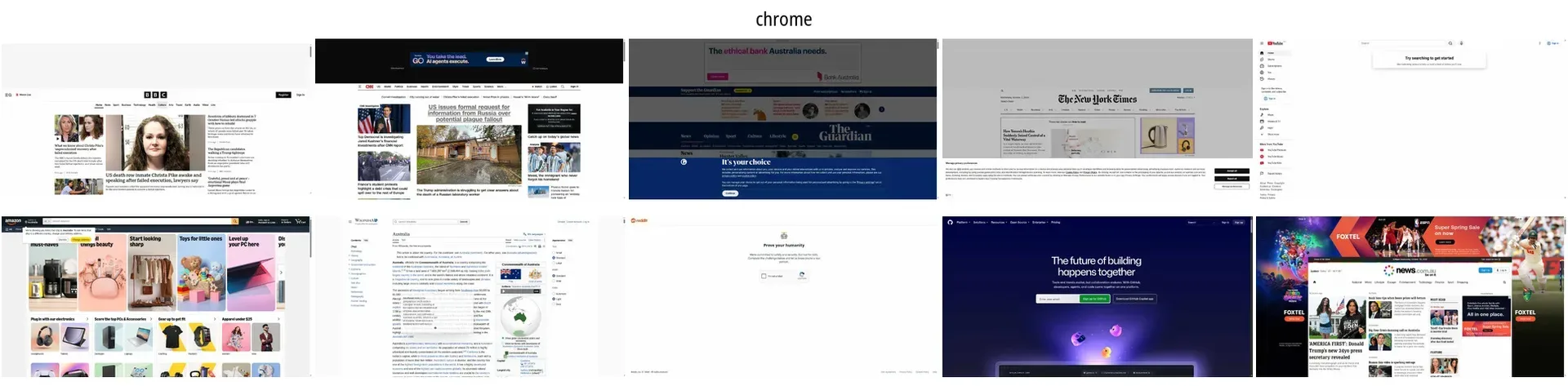 Contact sheet of the ten original Chrome benchmark tabs, including news, shopping, video and developer sites.