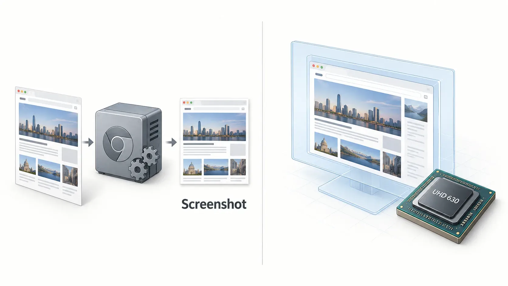 Illustration of a windowless browser producing a screenshot beside a headful window on a virtual display. Chrome’s docs say unified headless can take screenshots. The Intel UHD 630 WebGL string is from our headful Xvfb bench, not from a headless run.