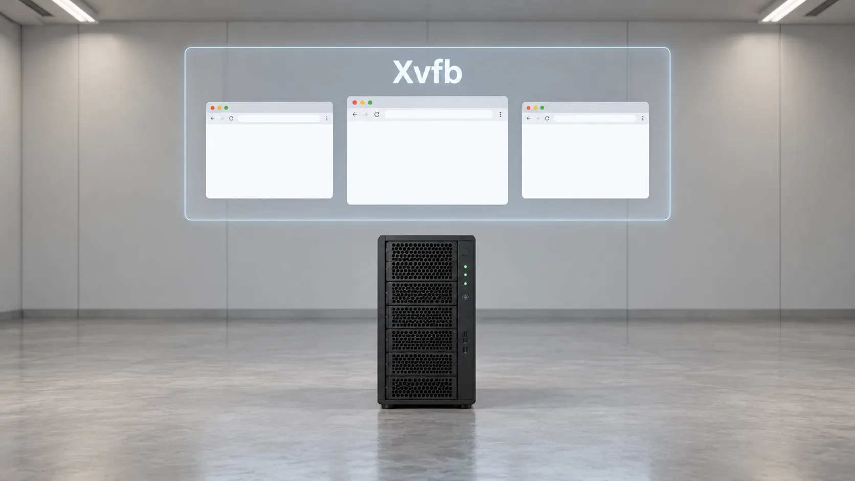 Illustration of headful browser windows on a hidden Xvfb display attached to a server with no monitor. Our bench used that kind of display. Remote viewing and a human takeover were not verified.