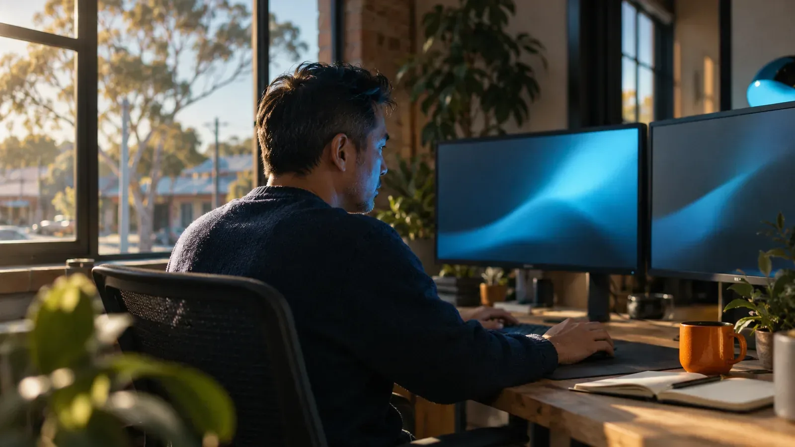 Man comparing two identical glowing headline bars across monitors, evoking controlled title tag A/B testing.