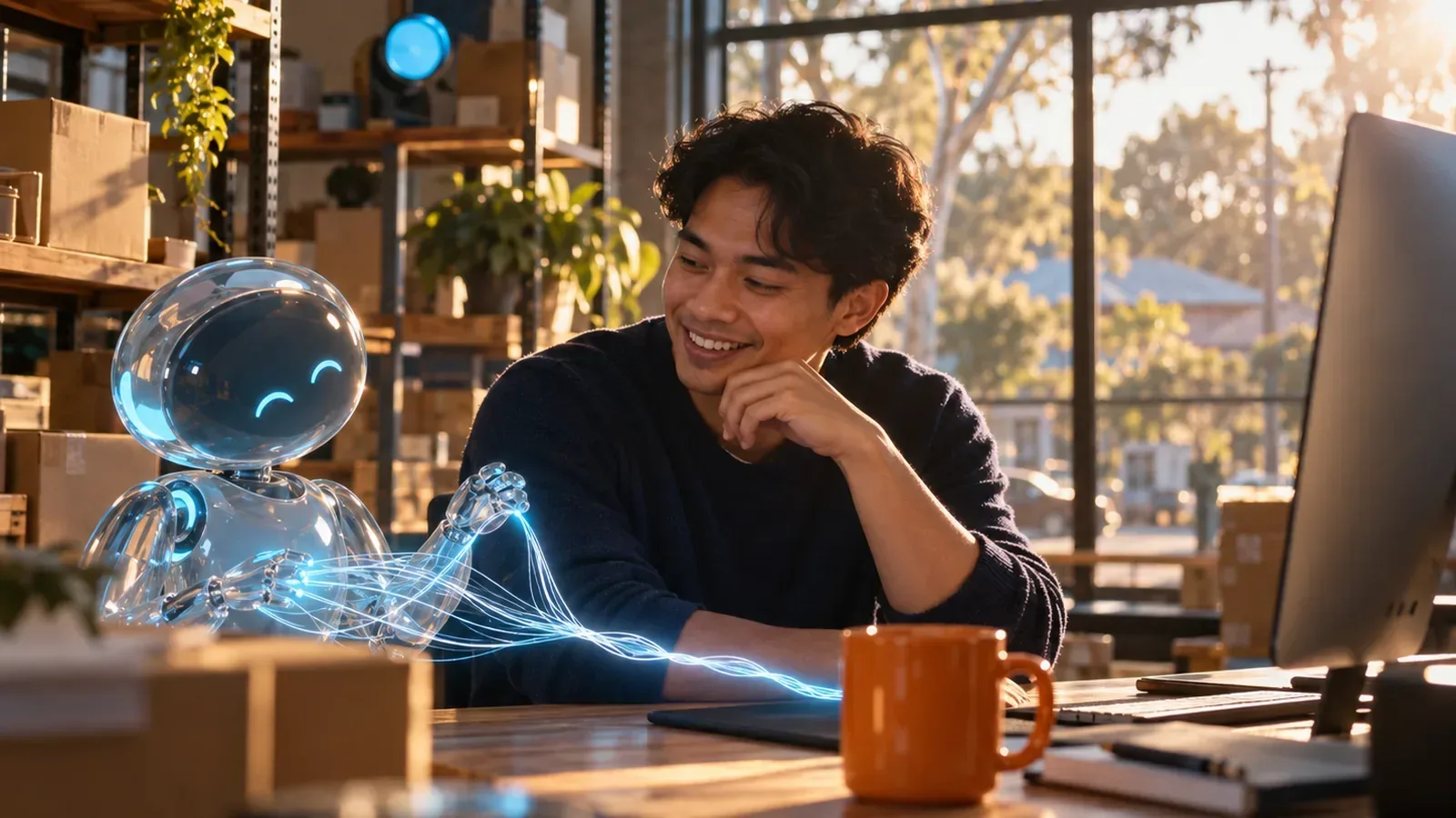 Man and glass AI companion with light threads fanning out and reuniting, Google AI Mode query fan-out.