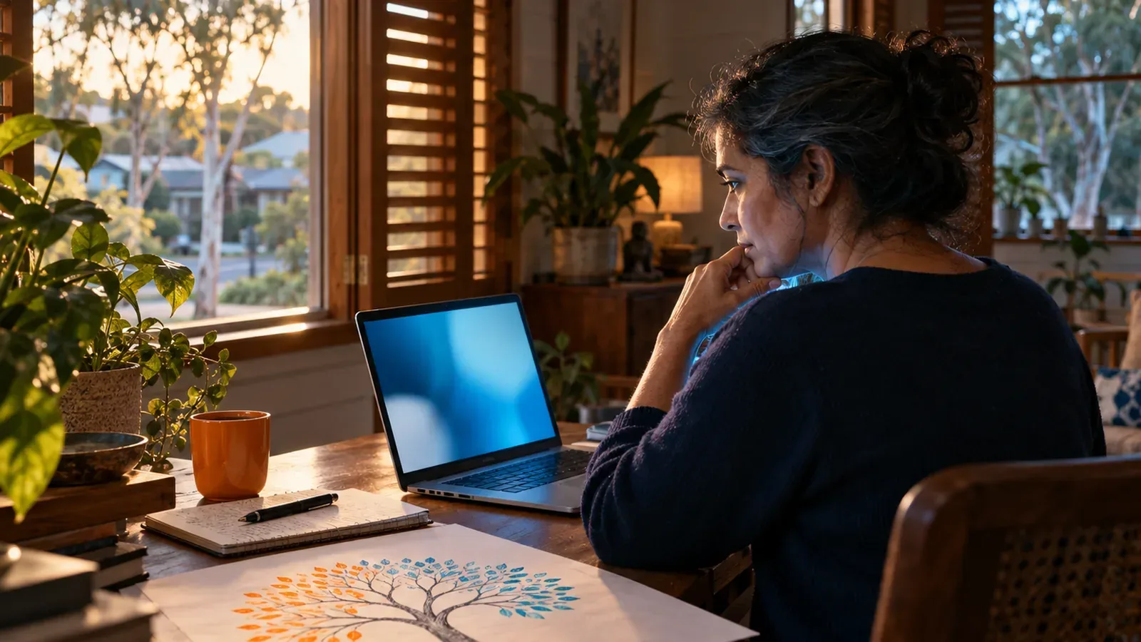 Analyst sketching a branching KPI tree linking citations and branded search to organic revenue.