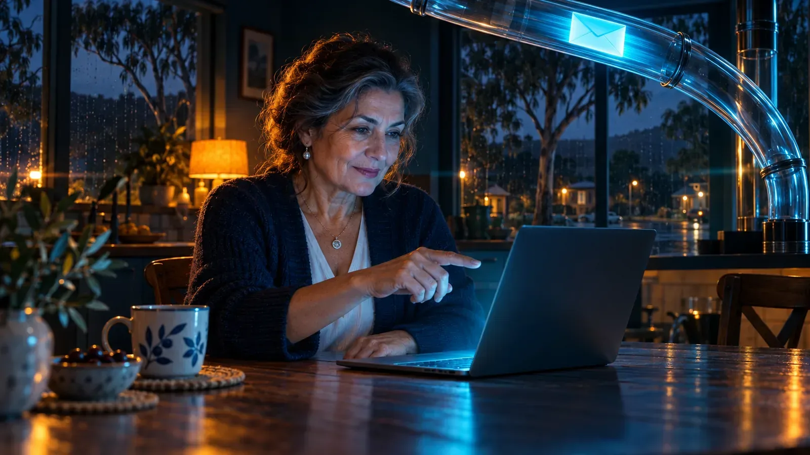 A woman at a night kitchen table as a glowing envelope speeds through a glass tube, evoking instant IndexNow pings.