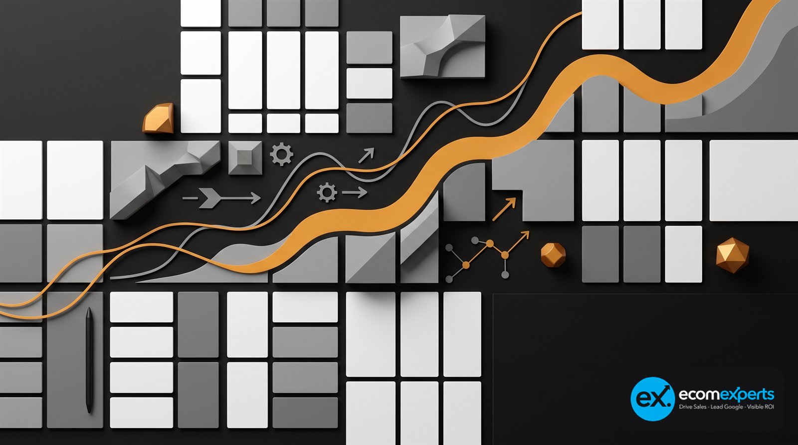 Abstract EcomExperts visual showing ecommerce category architecture, technical execution blocks, and an orange revenue growth path.