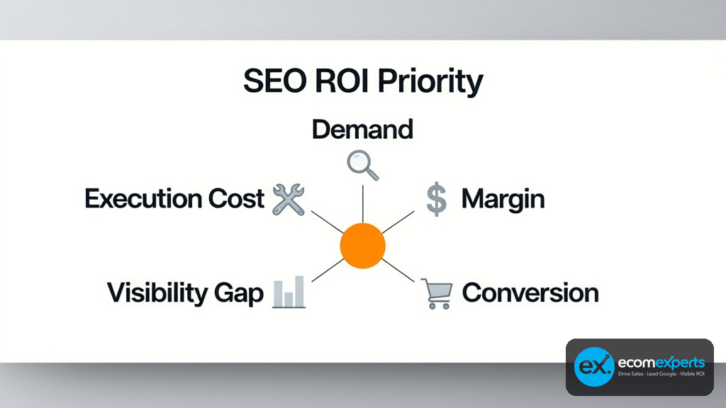 EcomExperts SEO ROI priority model with five inputs: demand, margin, conversion, visibility gap, and execution cost.