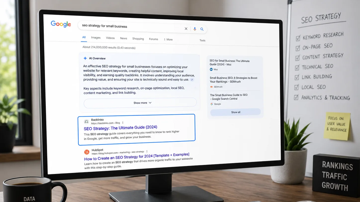 An SEO strategist's workspace showing a Google search result with a highlighted title link and an AI overview panel